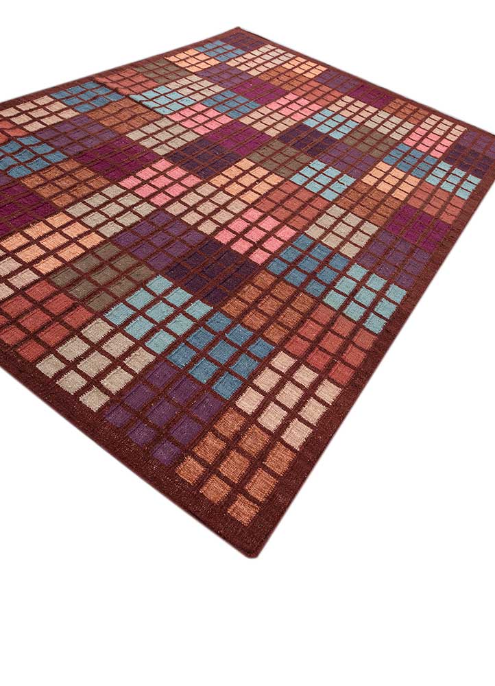 checkers red and orange wool and viscose flat weaves Rug - FloorShot