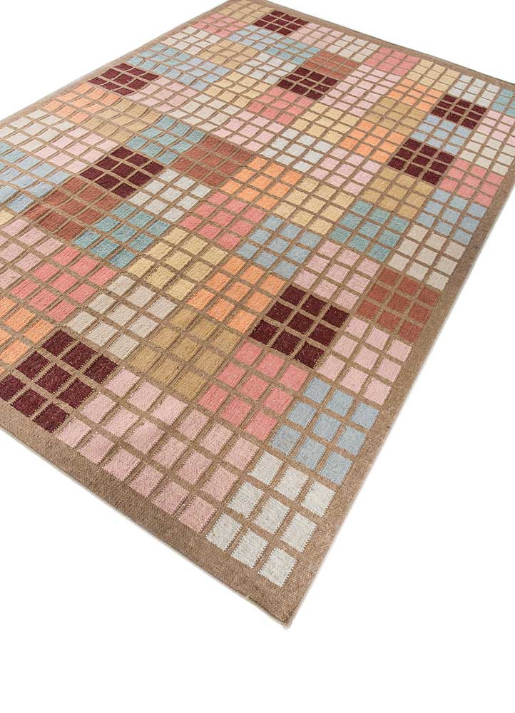 checkers beige and brown wool and viscose flat weaves Rug - FloorShot