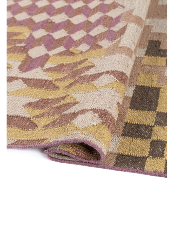 checkers beige and brown wool and viscose flat weaves Rug - FloorShot