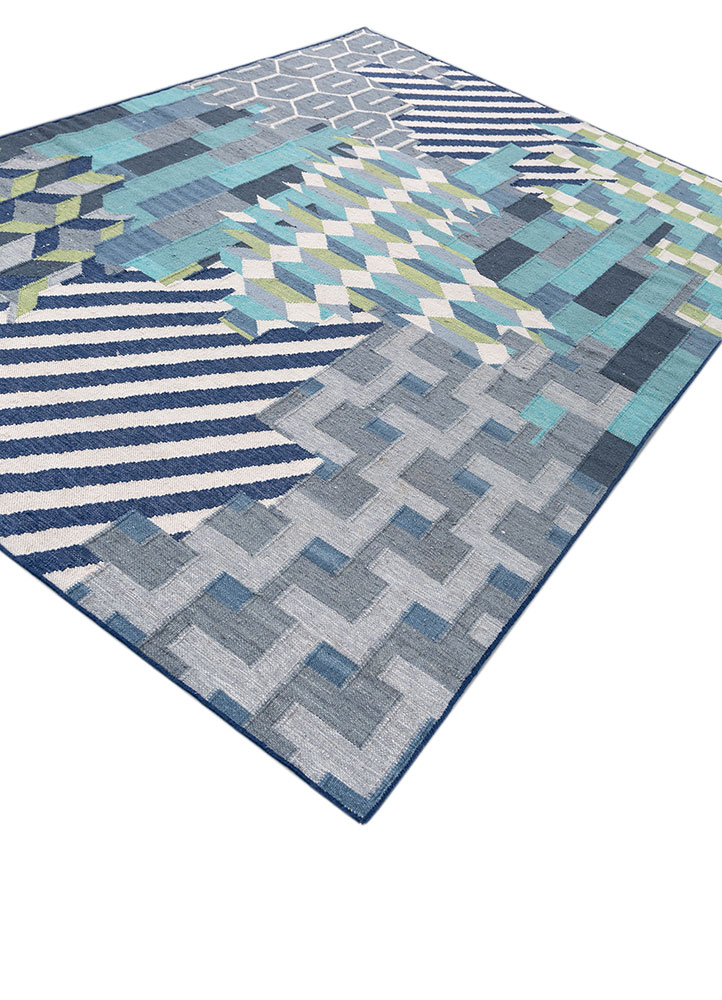 checkers blue wool and viscose flat weaves Rug - FloorShot