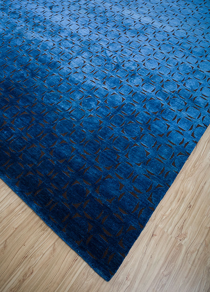 azalea blue wool and silk hand knotted Rug - FloorShot