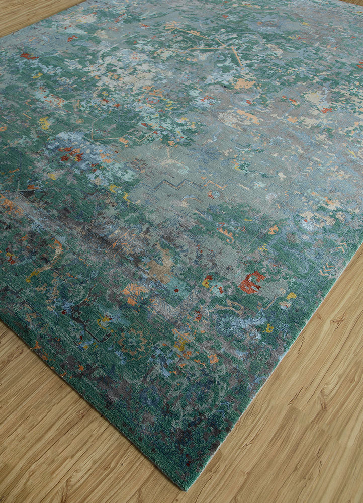 far east green wool and bamboo silk hand knotted Rug - FloorShot