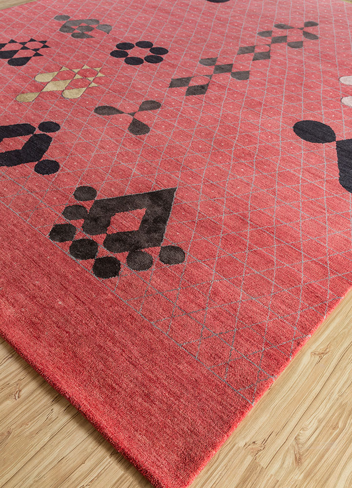 kolam red and orange wool and bamboo silk hand knotted Rug - FloorShot
