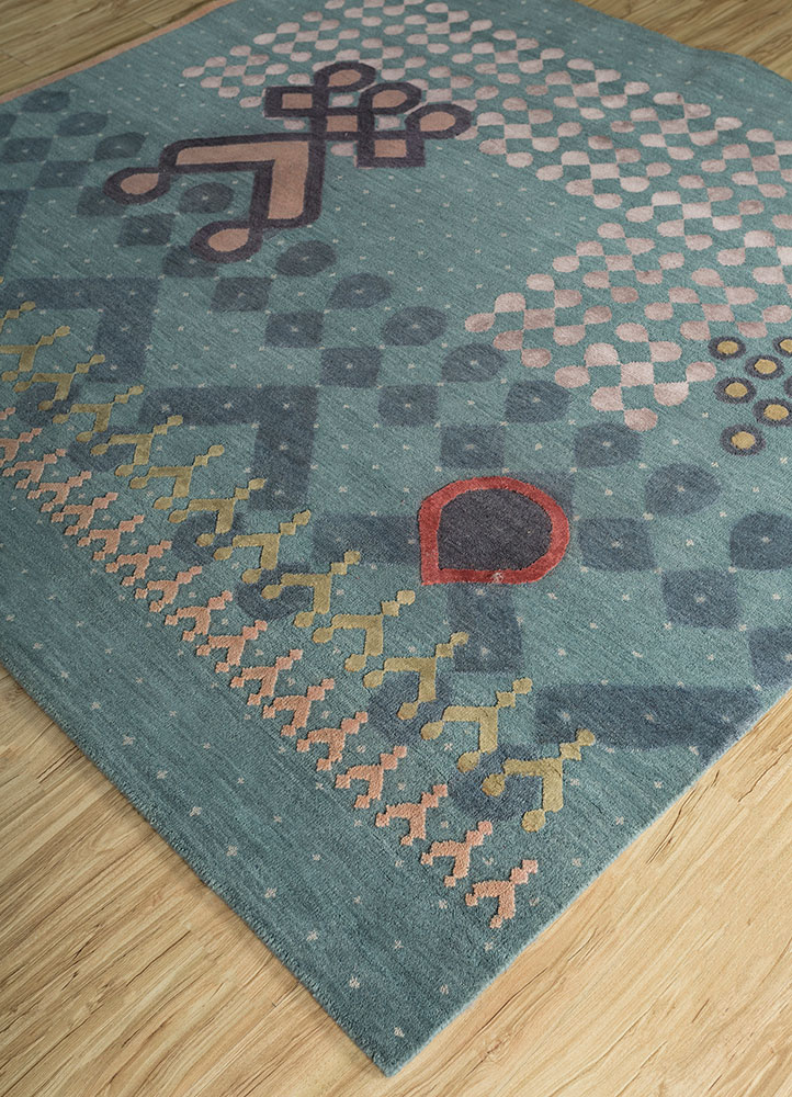 kolam blue wool and bamboo silk hand knotted Rug - FloorShot