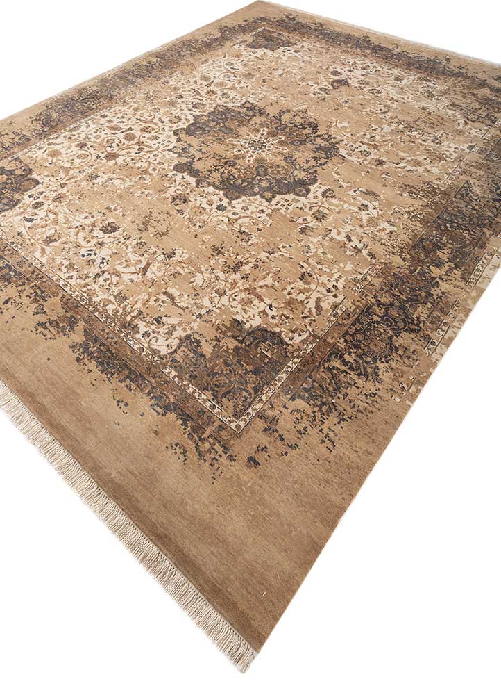 far east beige and brown wool hand knotted Rug - FloorShot