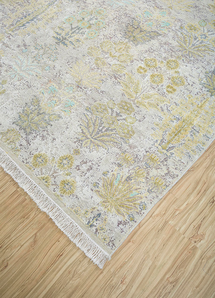 far east ivory wool and silk hand knotted Rug - FloorShot