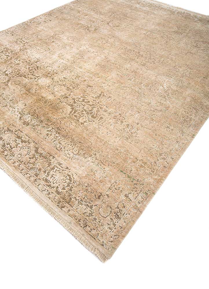 far east ivory wool and silk hand knotted Rug - FloorShot