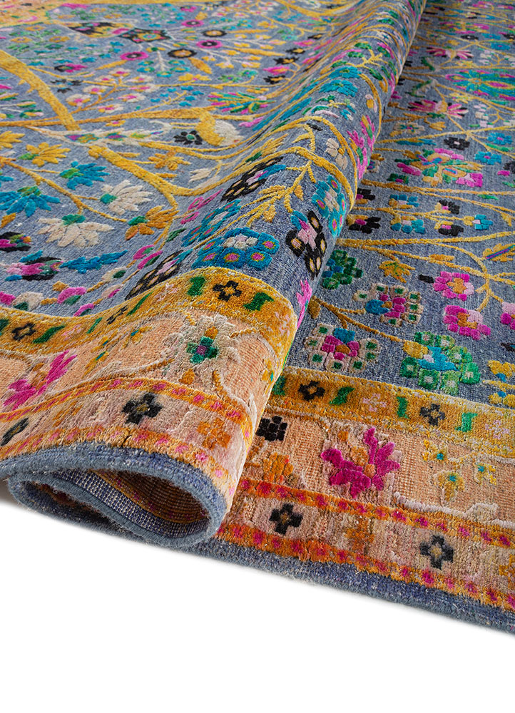 aurora blue wool and silk hand knotted Rug - FloorShot
