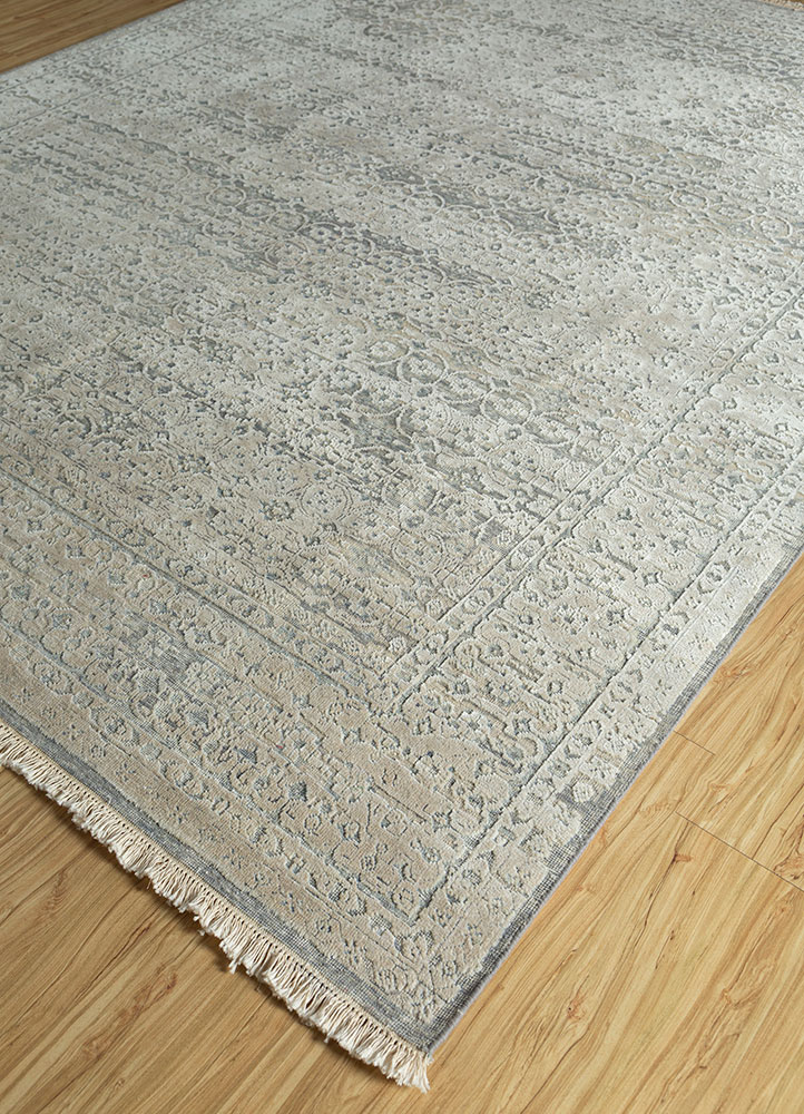 far east ivory wool and silk hand knotted Rug - FloorShot