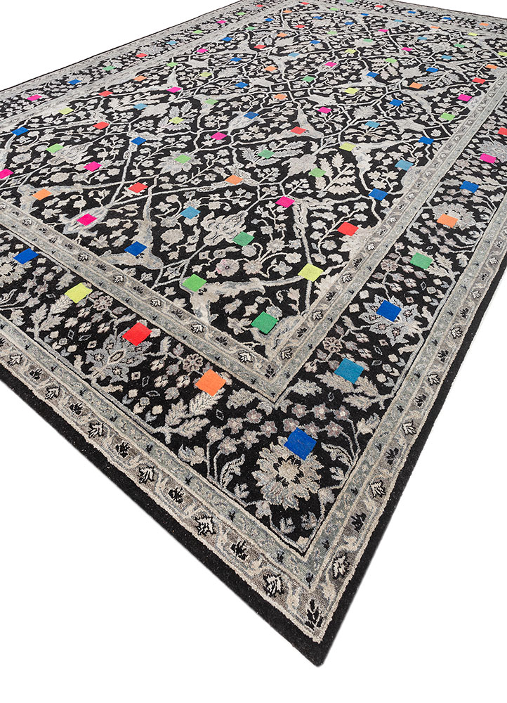 playing with tradition grey and black wool and silk hand knotted Rug - FloorShot
