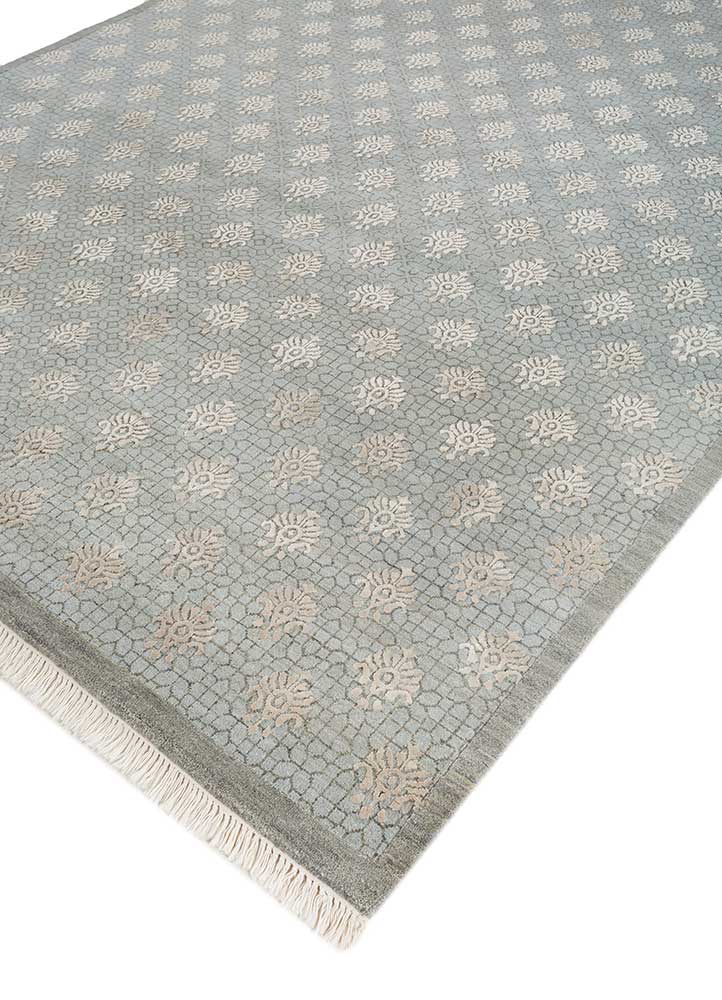 inde rose blue wool and silk hand knotted Rug - FloorShot