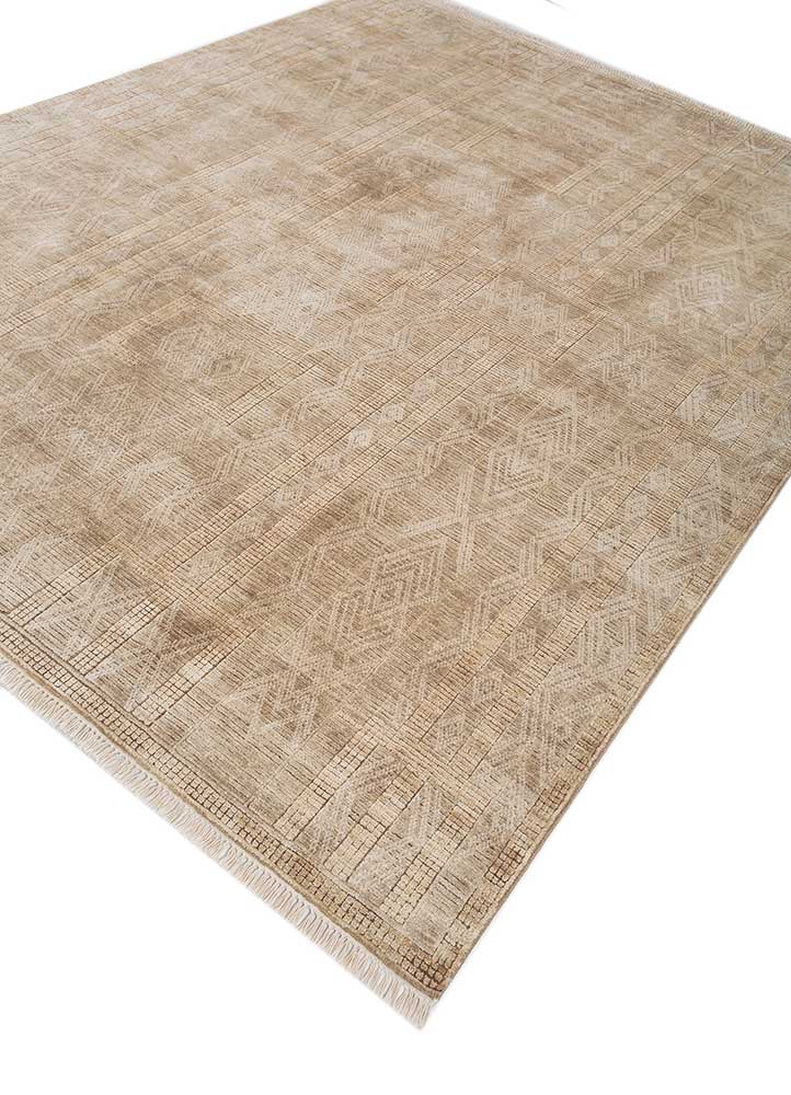 thyme beige and brown afghan wool and silk hand knotted Rug - FloorShot