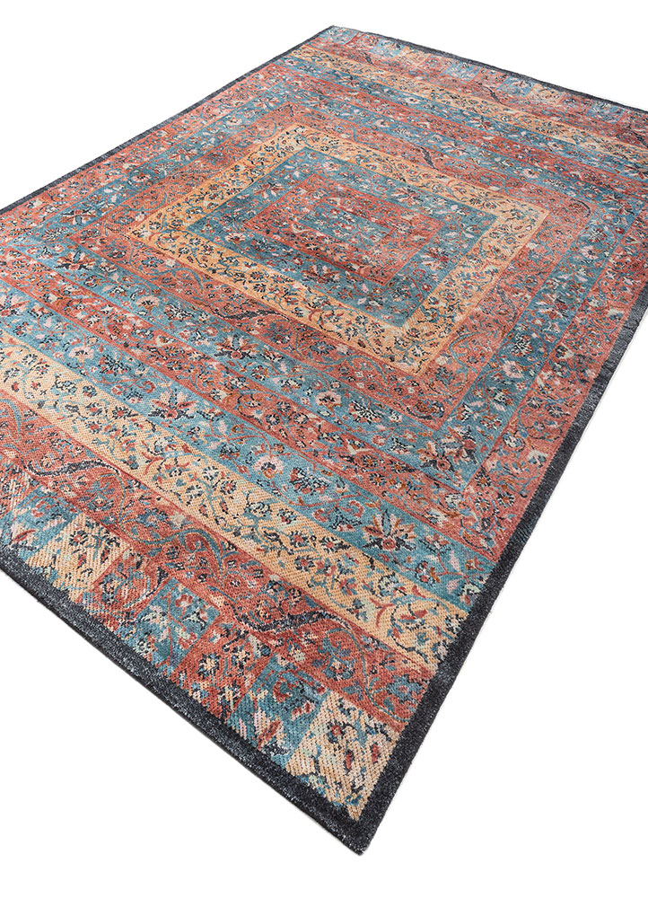 far pavilions red and orange wool and silk hand knotted Rug - FloorShot