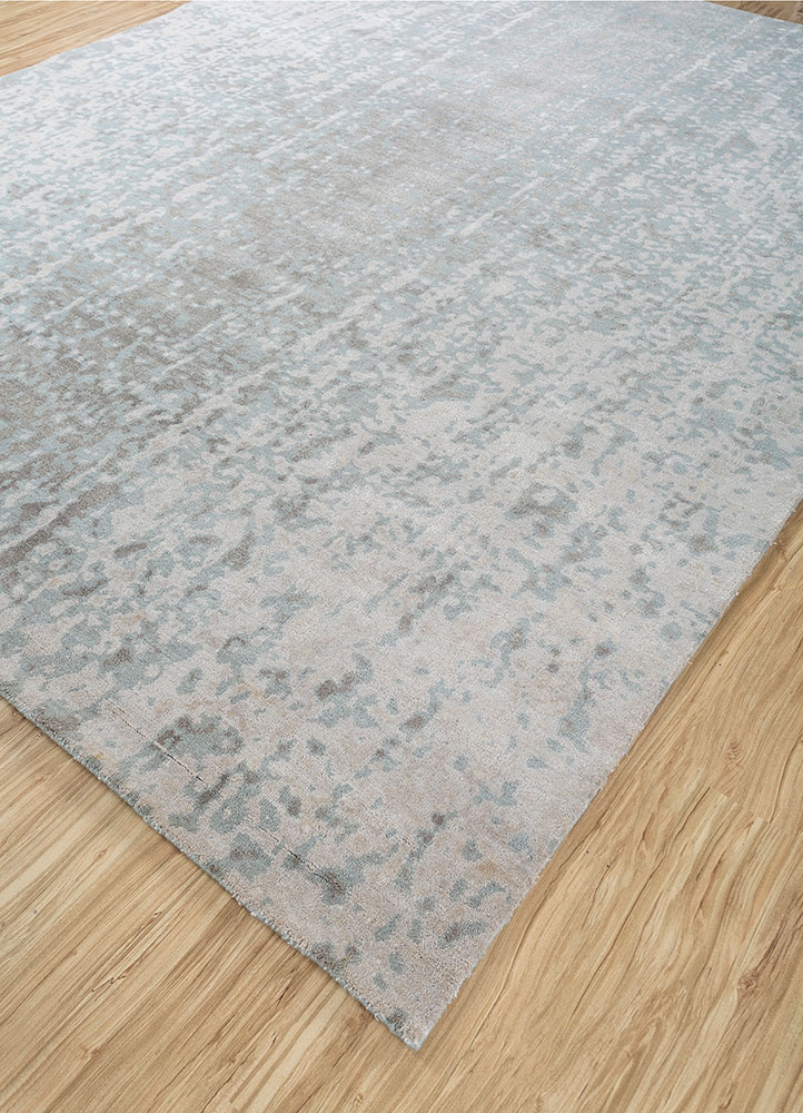 far east blue wool and bamboo silk hand knotted Rug - FloorShot