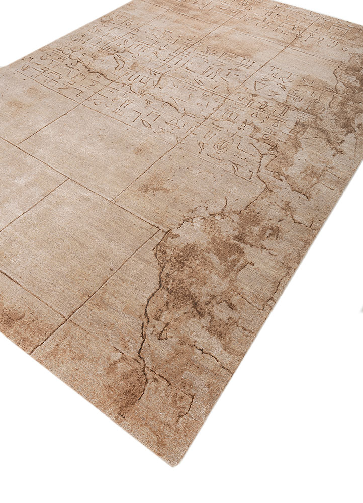 script beige and brown wool and bamboo silk hand knotted Rug - FloorShot