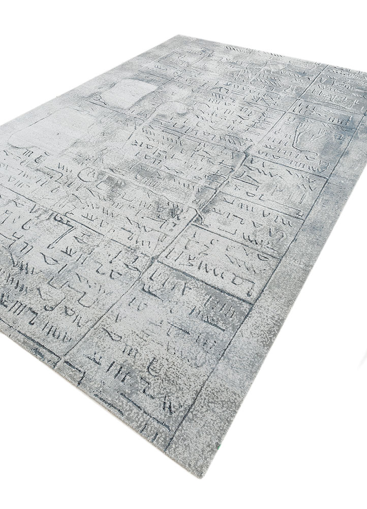 script blue wool and bamboo silk hand knotted Rug - FloorShot