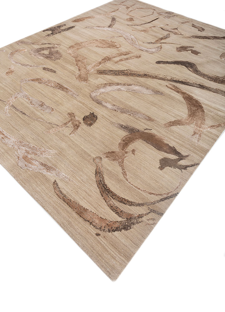 free verse by kavi beige and brown wool and bamboo silk hand knotted Rug - FloorShot