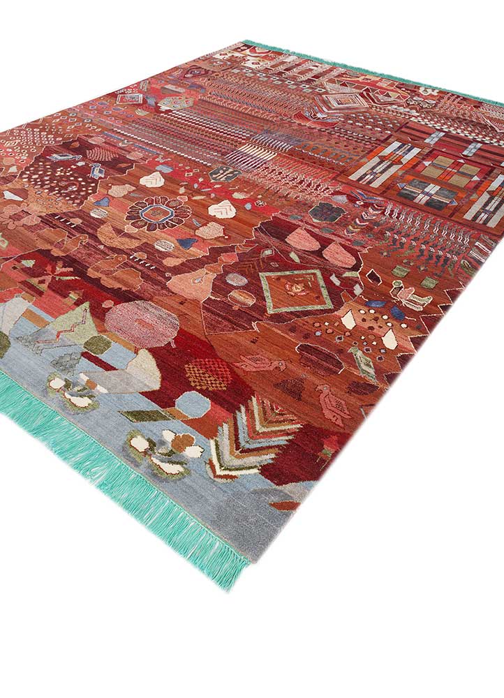 manchaha red and orange wool and bamboo silk hand knotted Rug - FloorShot
