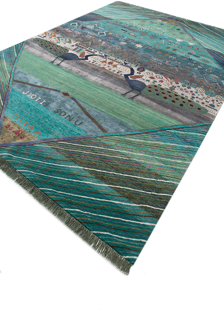 manchaha green wool and bamboo silk hand knotted Rug - FloorShot