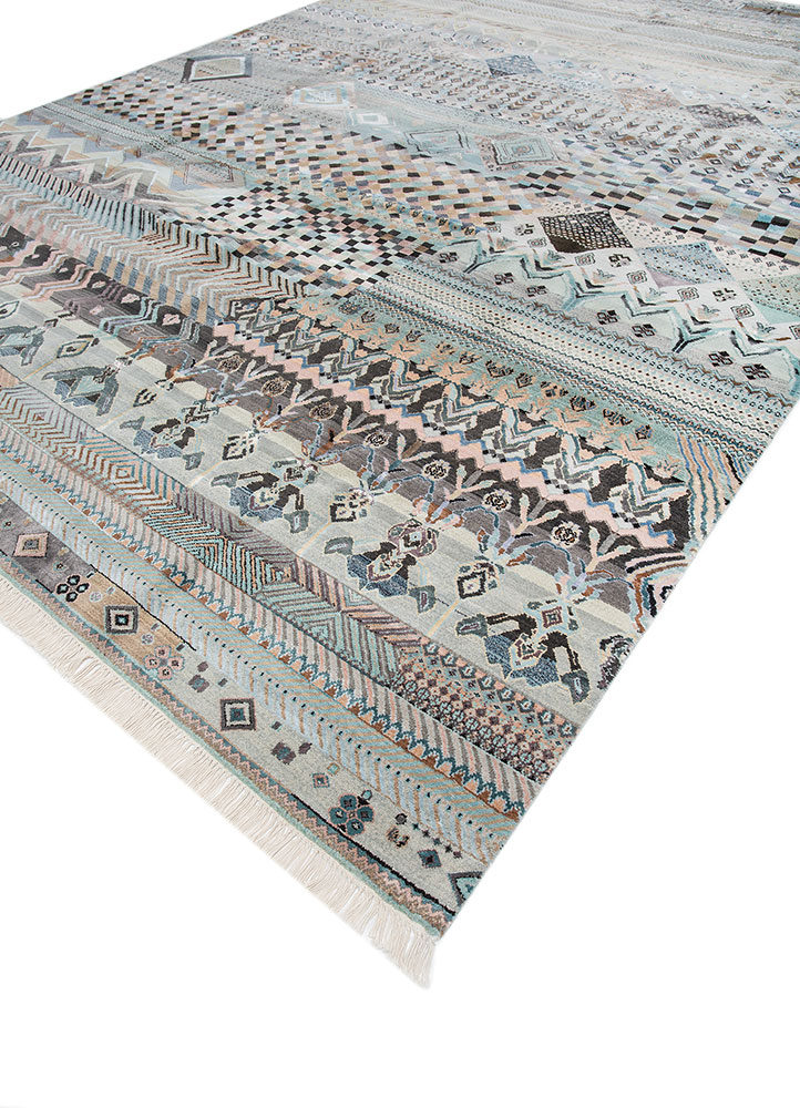 manchaha blue wool and bamboo silk hand knotted Rug - FloorShot