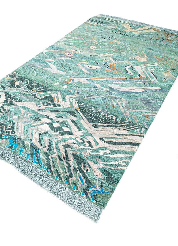 manchaha green wool and bamboo silk hand knotted Rug - FloorShot