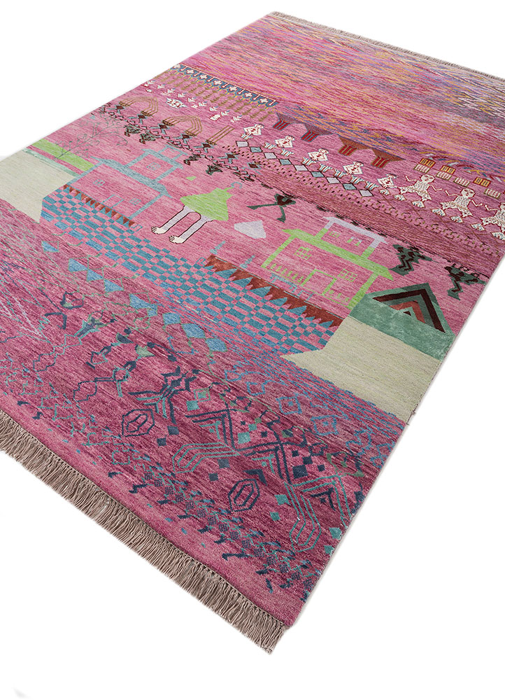 manchaha pink and purple wool and bamboo silk hand knotted Rug - FloorShot