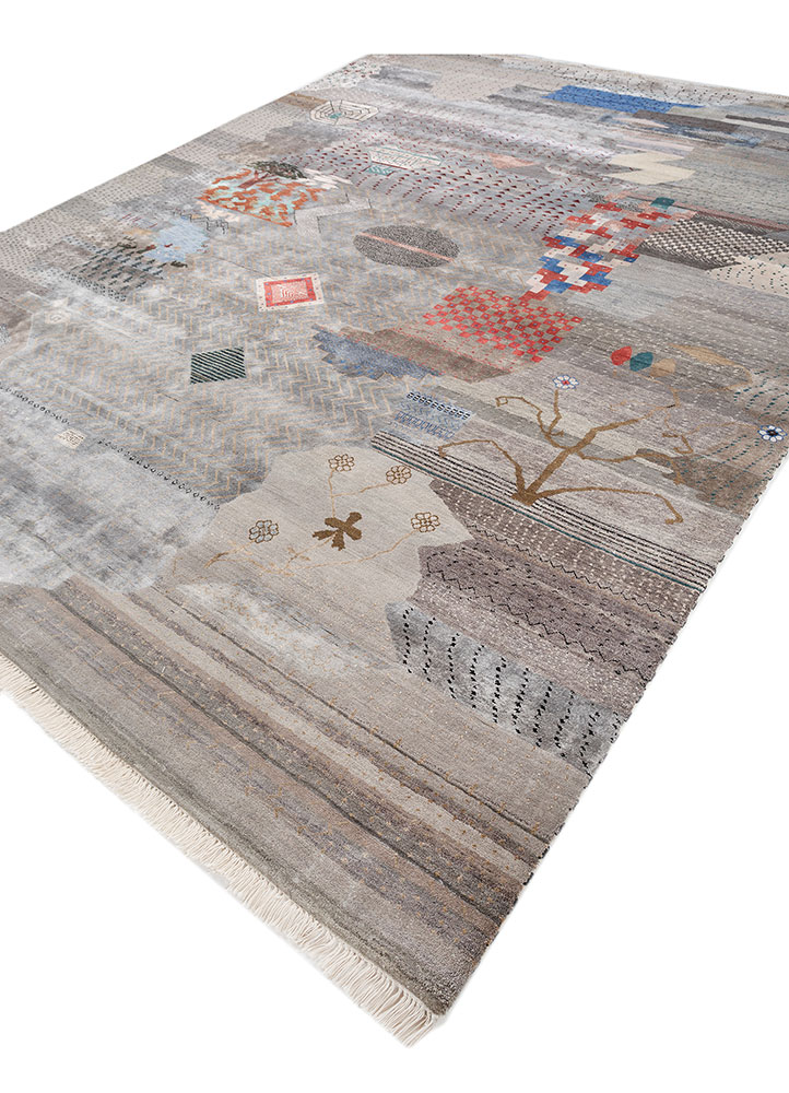 freedom manchaha grey and black wool and bamboo silk hand knotted Rug - FloorShot