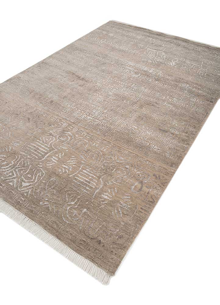 far east beige and brown wool and bamboo silk hand knotted Rug - FloorShot