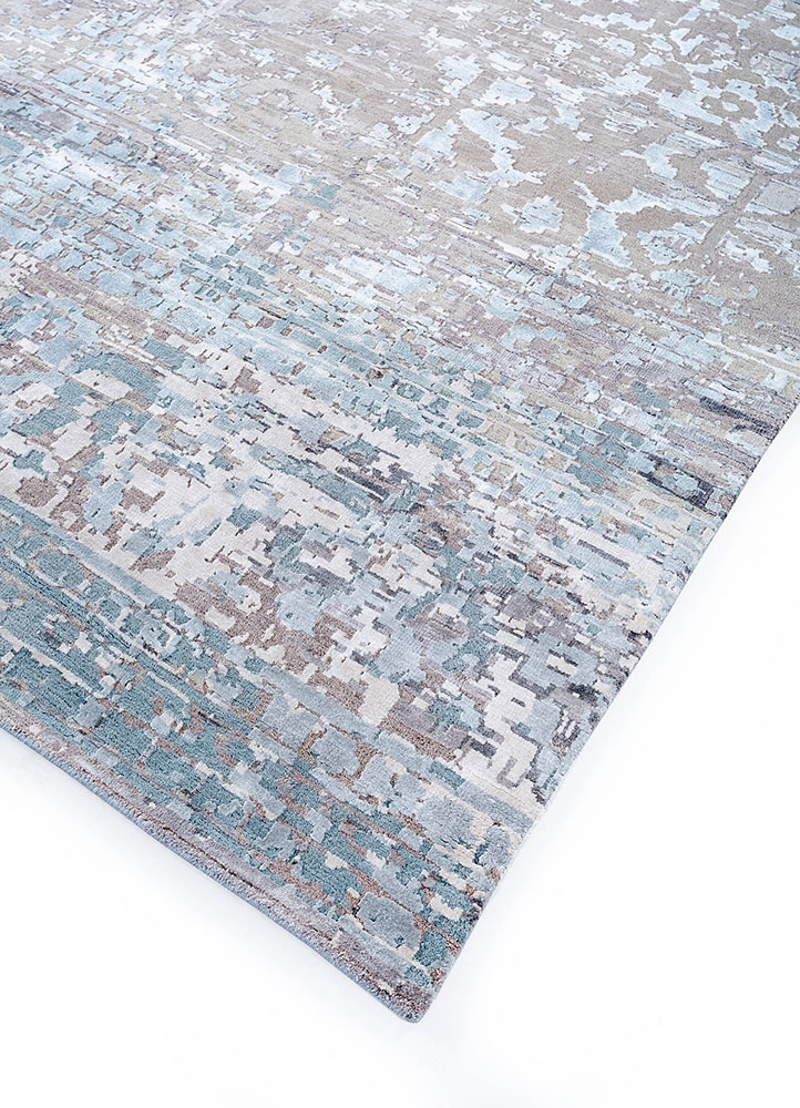 far east blue wool and bamboo silk hand knotted Rug - FloorShot