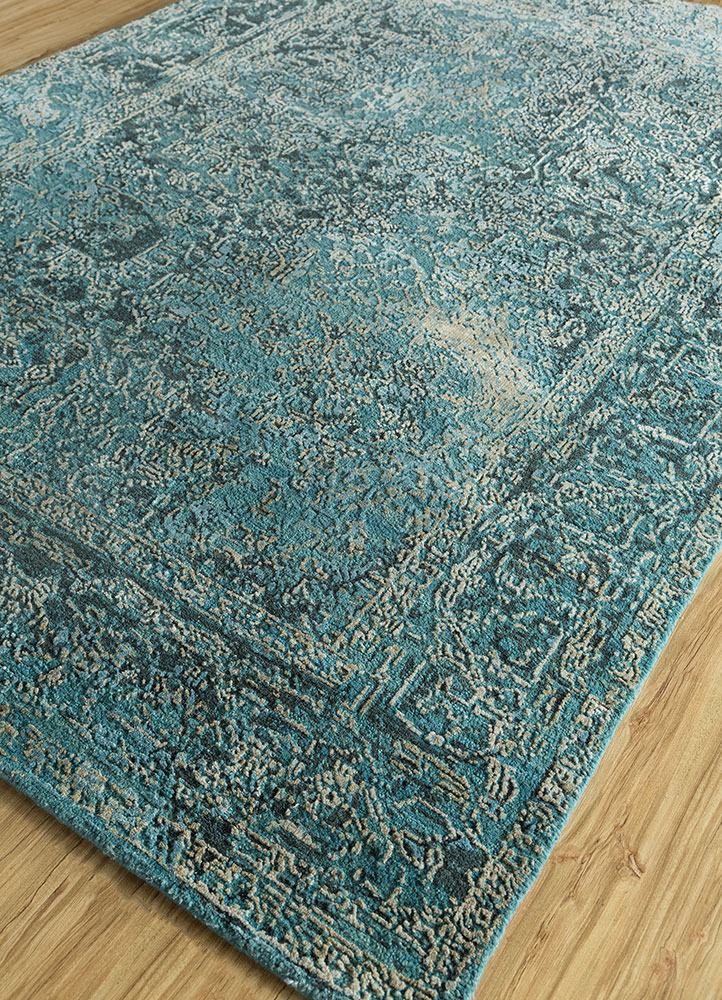 far east blue wool and silk hand knotted Rug - FloorShot