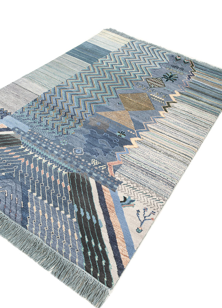 manchaha blue wool and silk hand knotted Rug - FloorShot