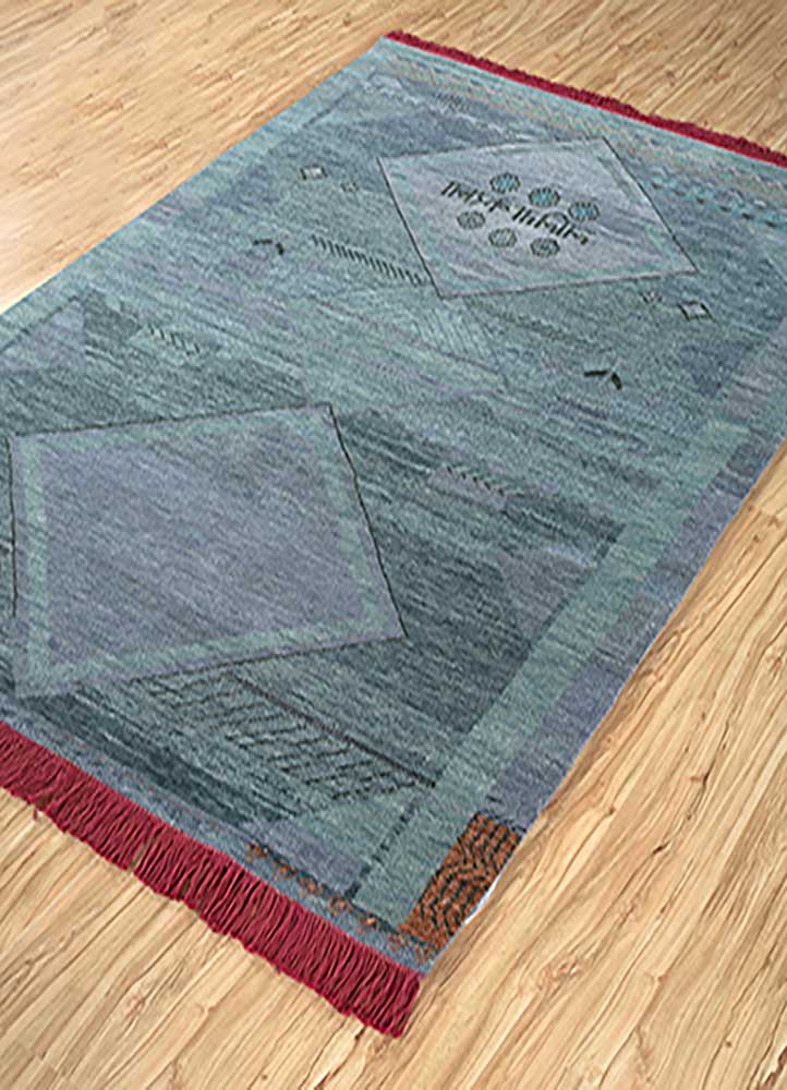 manchaha blue wool and silk hand knotted Rug - FloorShot