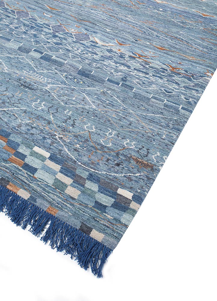 manchaha blue wool and silk hand knotted Rug - FloorShot