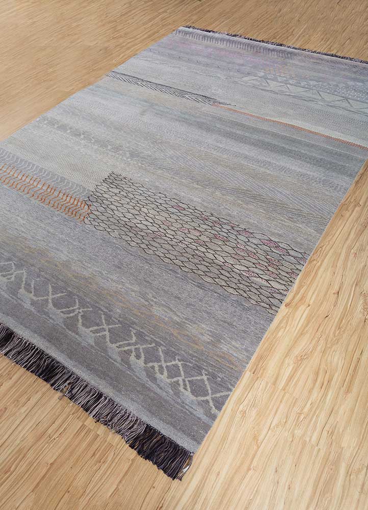 manchaha blue wool and silk hand knotted Rug - FloorShot