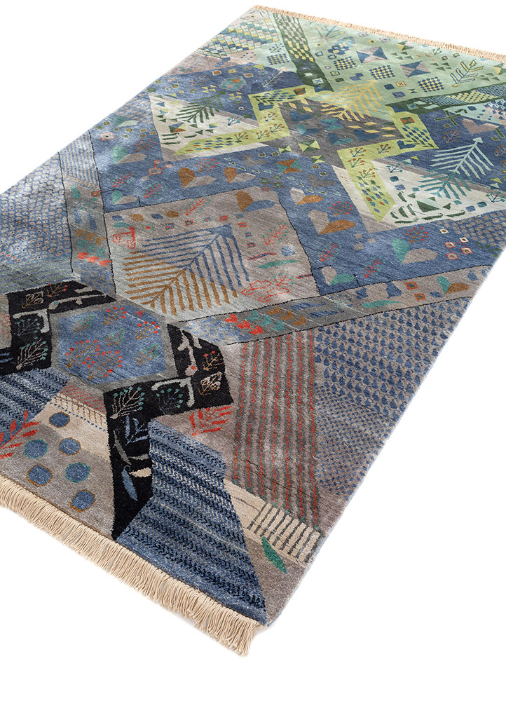 manchaha blue silk hand knotted Rug - FloorShot