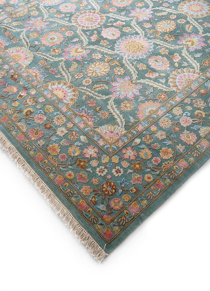 aurora blue wool and silk hand knotted Rug - FloorShot