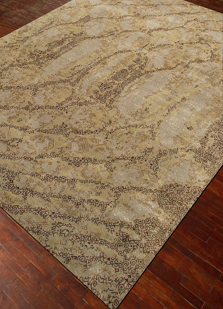 pansy beige and brown wool and silk hand knotted Rug - FloorShot