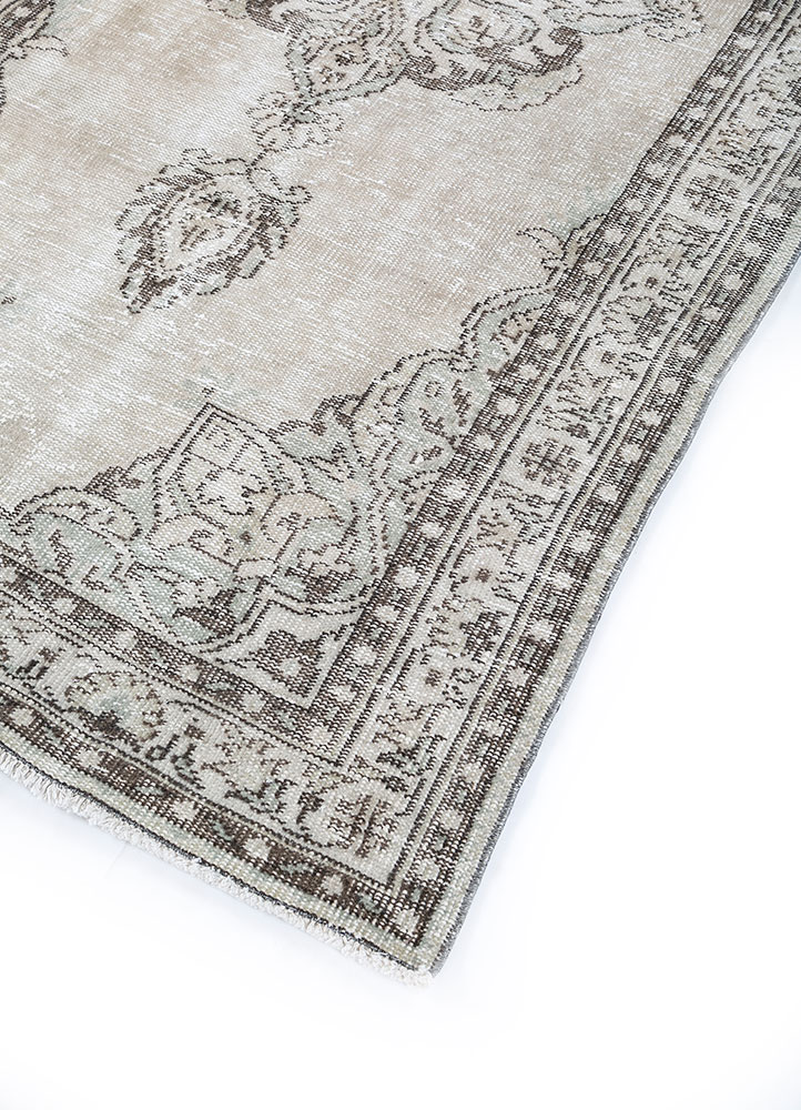 vintage beige and brown wool hand knotted Rug - FloorShot
