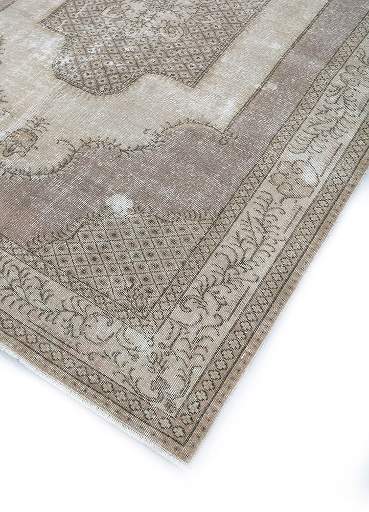 vintage beige and brown wool hand knotted Rug - FloorShot