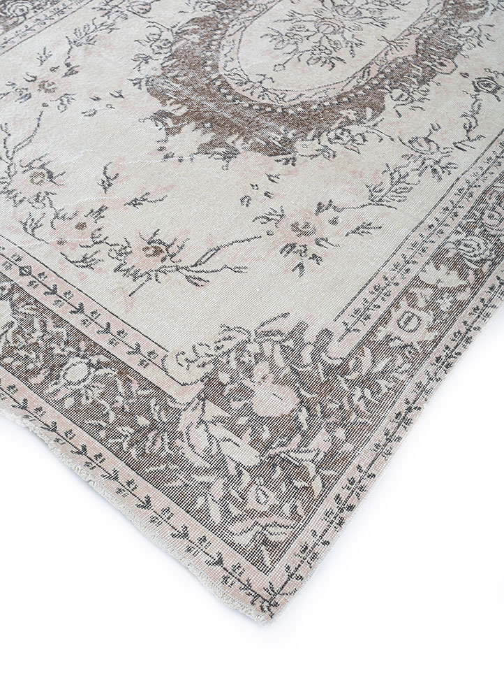 vintage beige and brown wool hand knotted Rug - FloorShot
