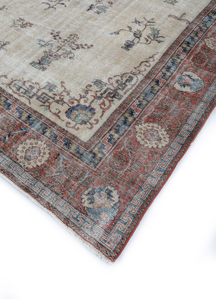 vintage beige and brown wool hand knotted Rug - FloorShot