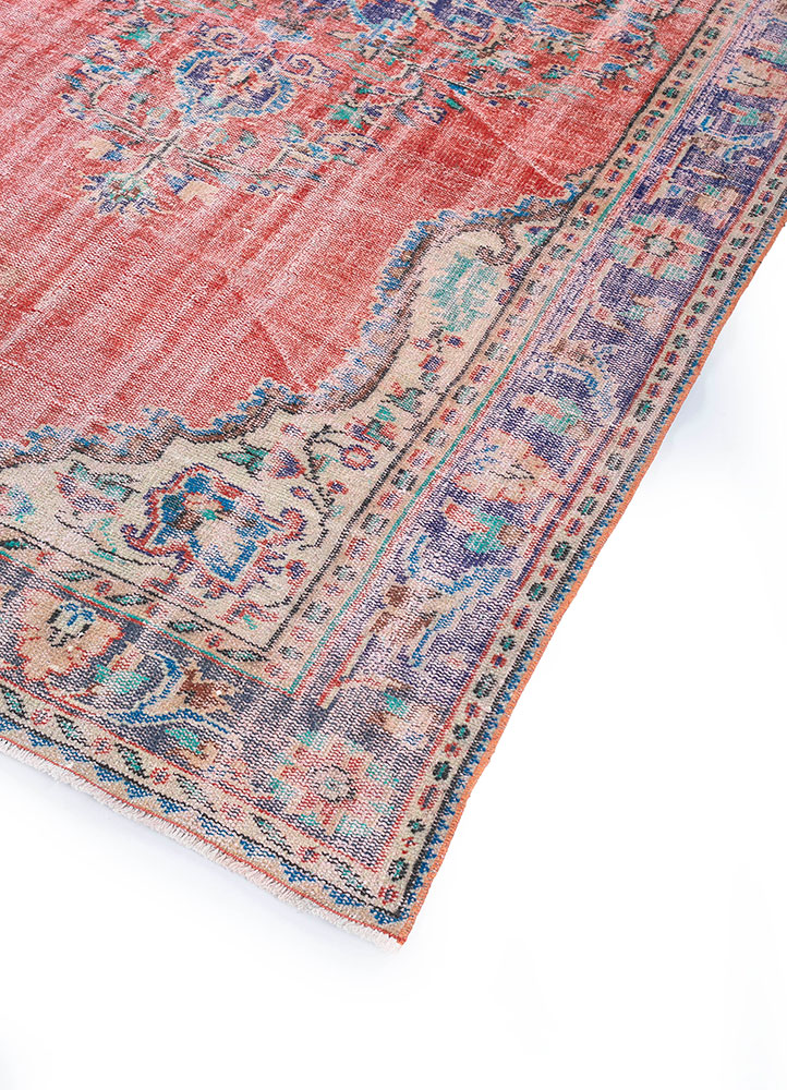 vintage red and orange wool hand knotted Rug - FloorShot