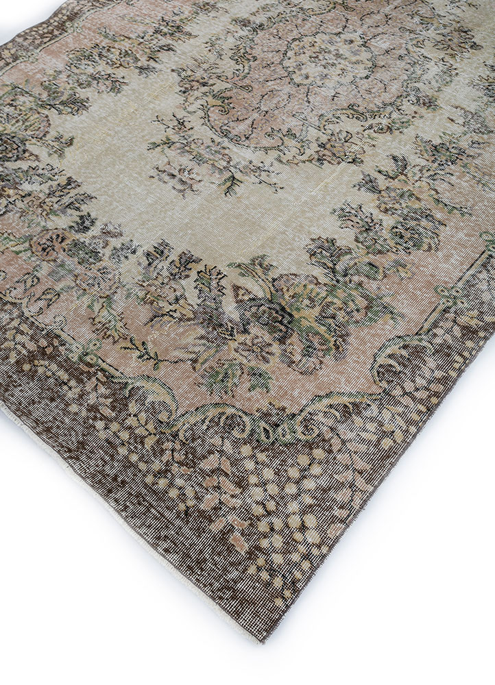 vintage beige and brown wool hand knotted Rug - FloorShot