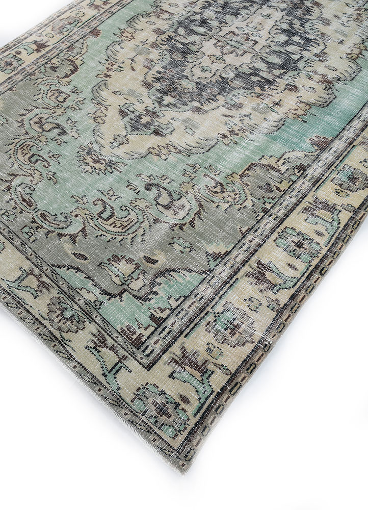 vintage green wool hand knotted Rug - FloorShot