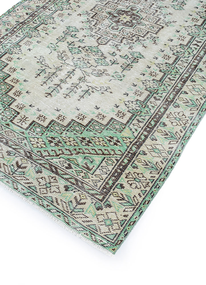 vintage green wool hand knotted Rug - FloorShot