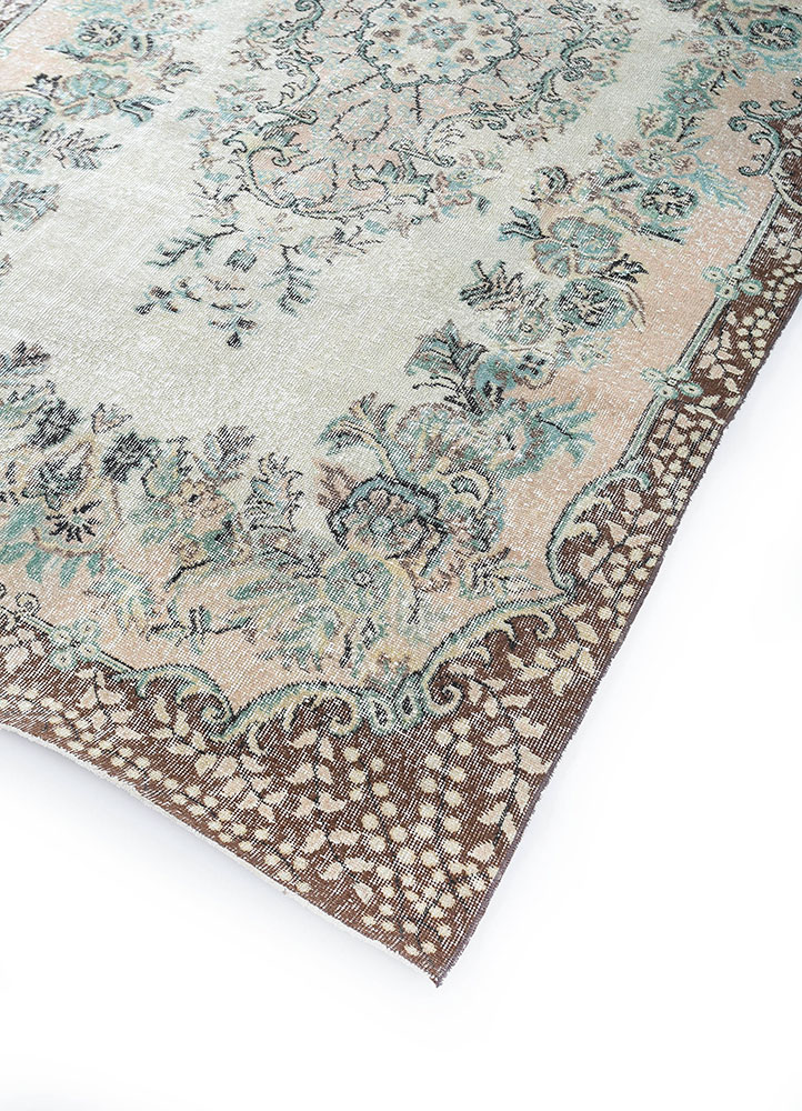 vintage beige and brown wool hand knotted Rug - FloorShot