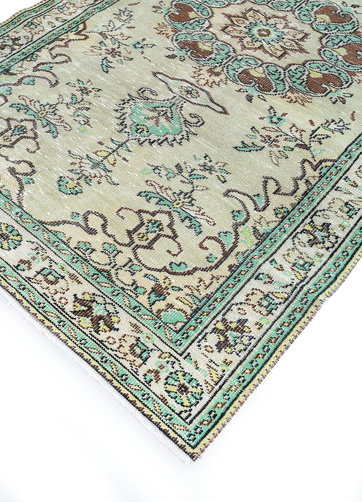 vintage green wool hand knotted Rug - FloorShot