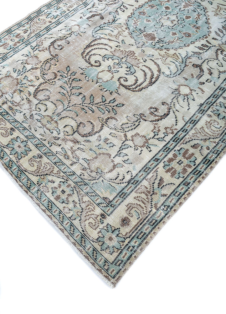vintage beige and brown wool hand knotted Rug - FloorShot