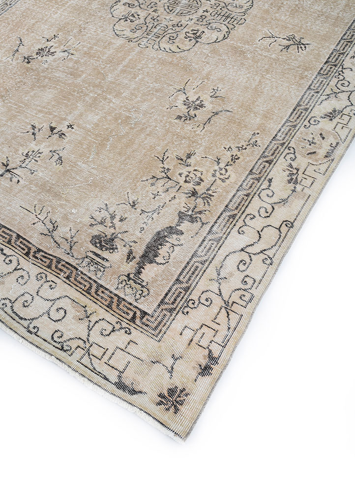 vintage beige and brown wool hand knotted Rug - FloorShot