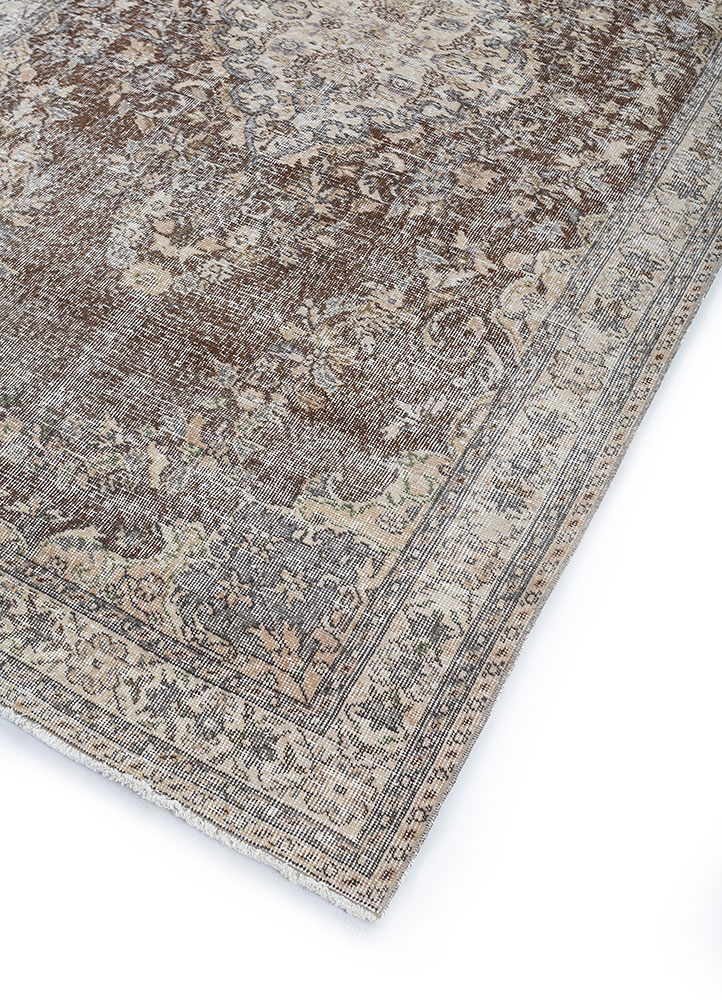 vintage beige and brown wool hand knotted Rug - FloorShot